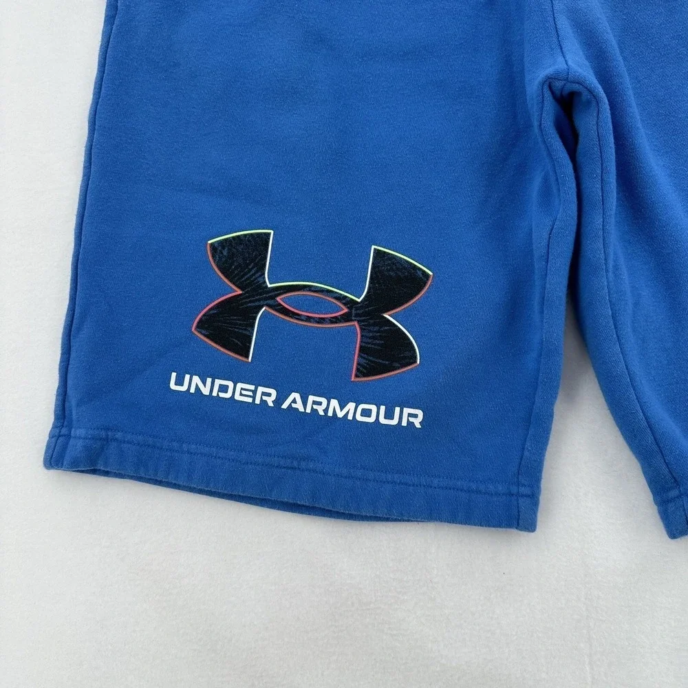 Under Armour Boys Large LG Blue Fleece Athletic Shorts Logo Pockets Drawstring
